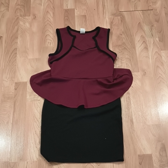 None Dresses & Skirts - Stylish Burgundy and Black Peplum Dress